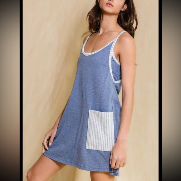 V-neck Mini Dress With Built In Romper Lining- Denim - Picture 4 of 9